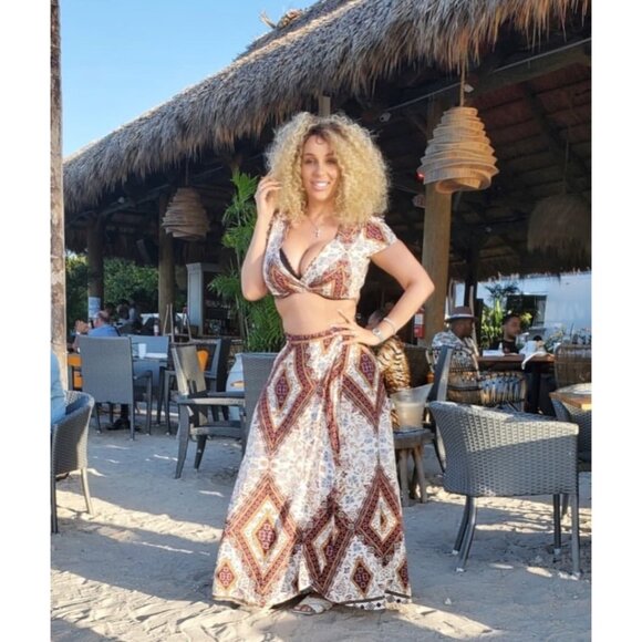 Bohemian Two-Piece Set Size Large Floral & Geometric Pattern Hippie Western Y2K - Picture 1 of 9